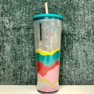 Starbucks Spring Teal Wavy Ocean Coral Acrylic Cold Cup Tumbler 24oz Venti- Rare